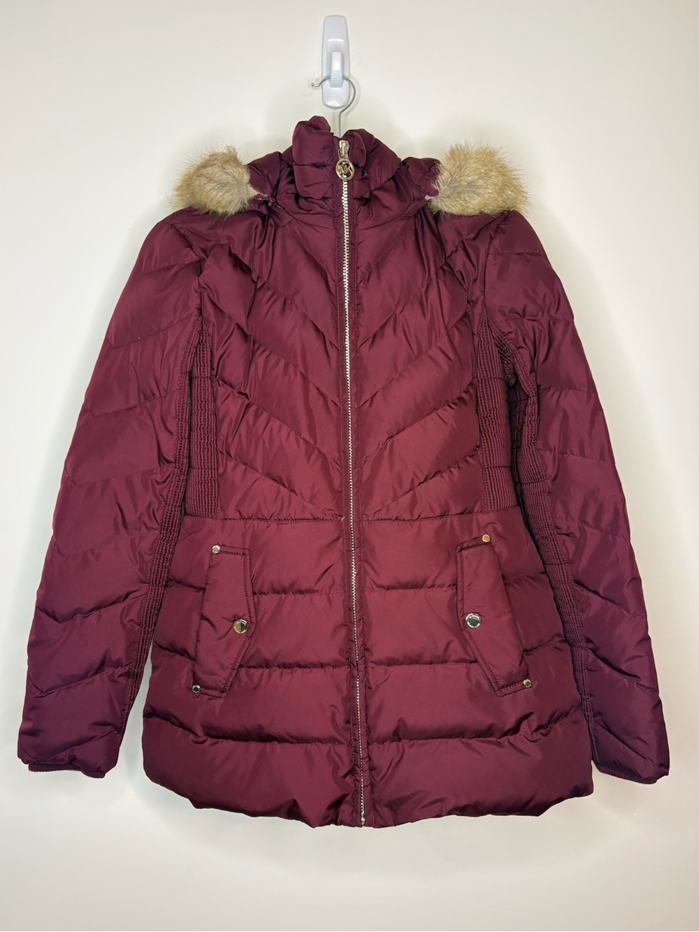 Michael Kors Size Small Burgundy Puffer Coat with Faux Fur Trim